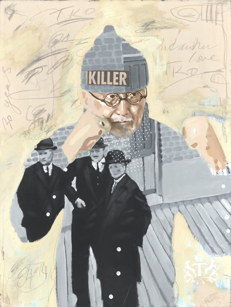 「KILLER」 2014 Acrylic, newsprint paper and graphite on canvas W765×H1018mm