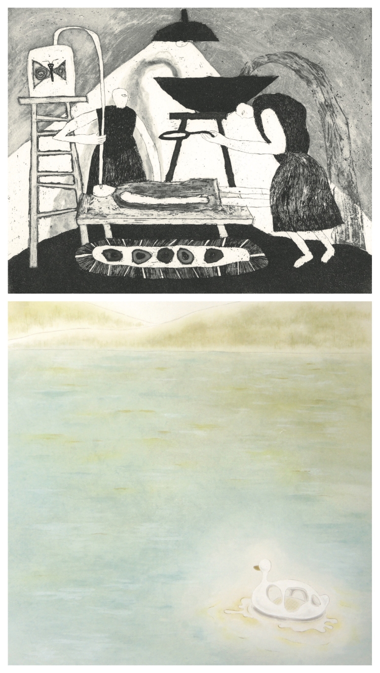 Top :  今泉奏「蒸留と転送」　198 × 248 mm　2026　銅版画　　Below :  吳庭鳳「恋人とスワンボート」　455 × 455 mm　2026　紙本設色、雲母熟紙、胡粉、金泥、岩絵具